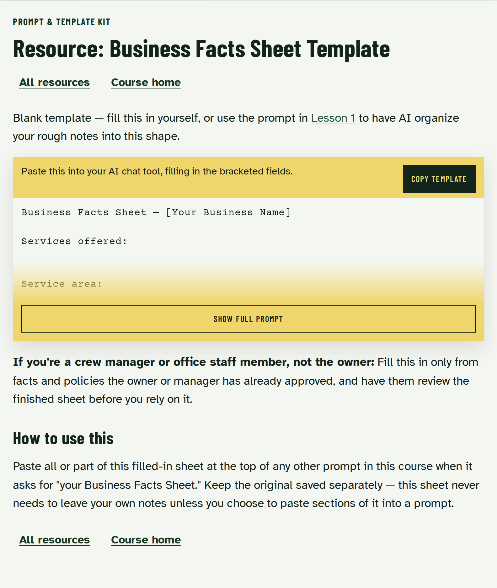 Business Facts Sheet template resource with a copyable blank template for services, area, and voice.
