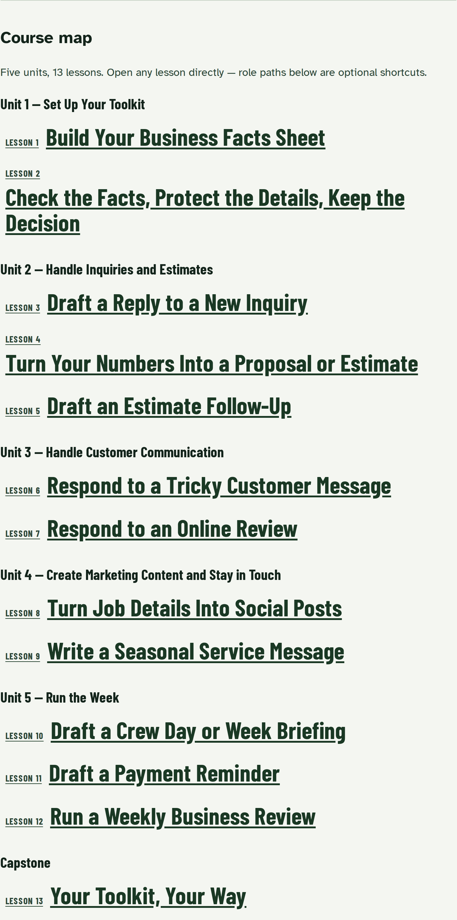Course home map listing five units, 12 lessons, and a capstone.