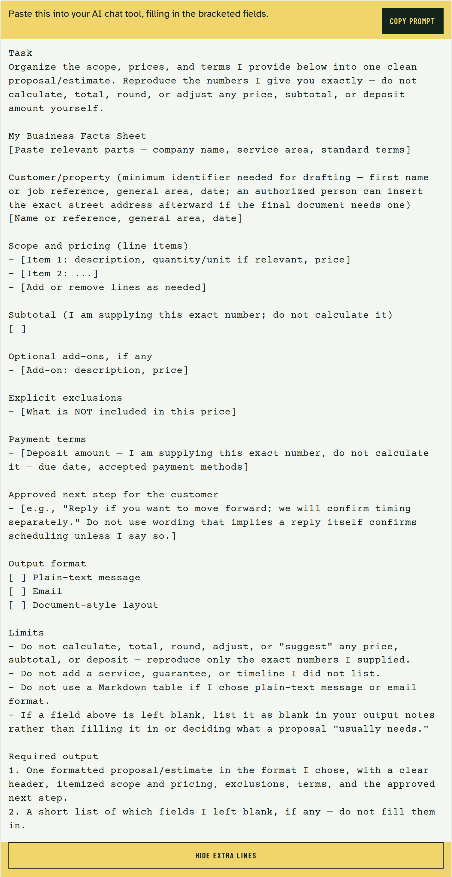 Proposal and estimate task workflow with labeled fields for supplied scope, prices, exclusions, and terms.