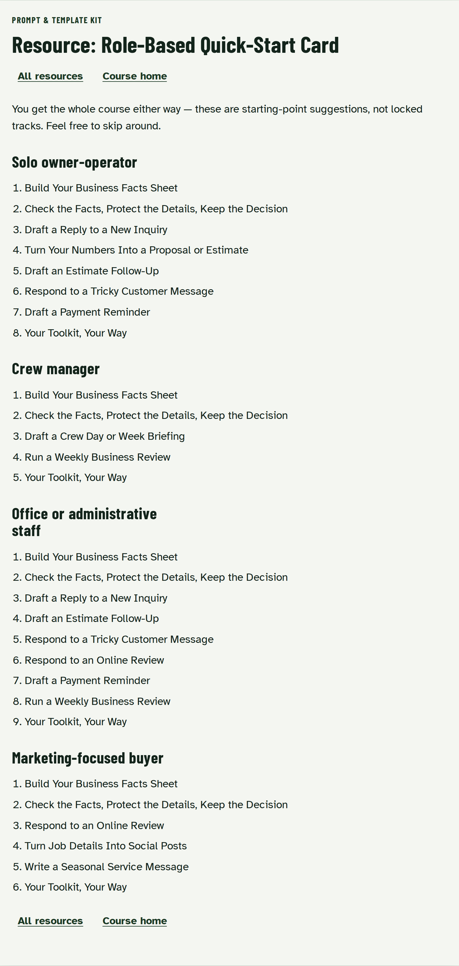 Role-Based Quick-Start card listing starting paths for owner-operators, crew managers, office staff, and marketing-focused buyers.