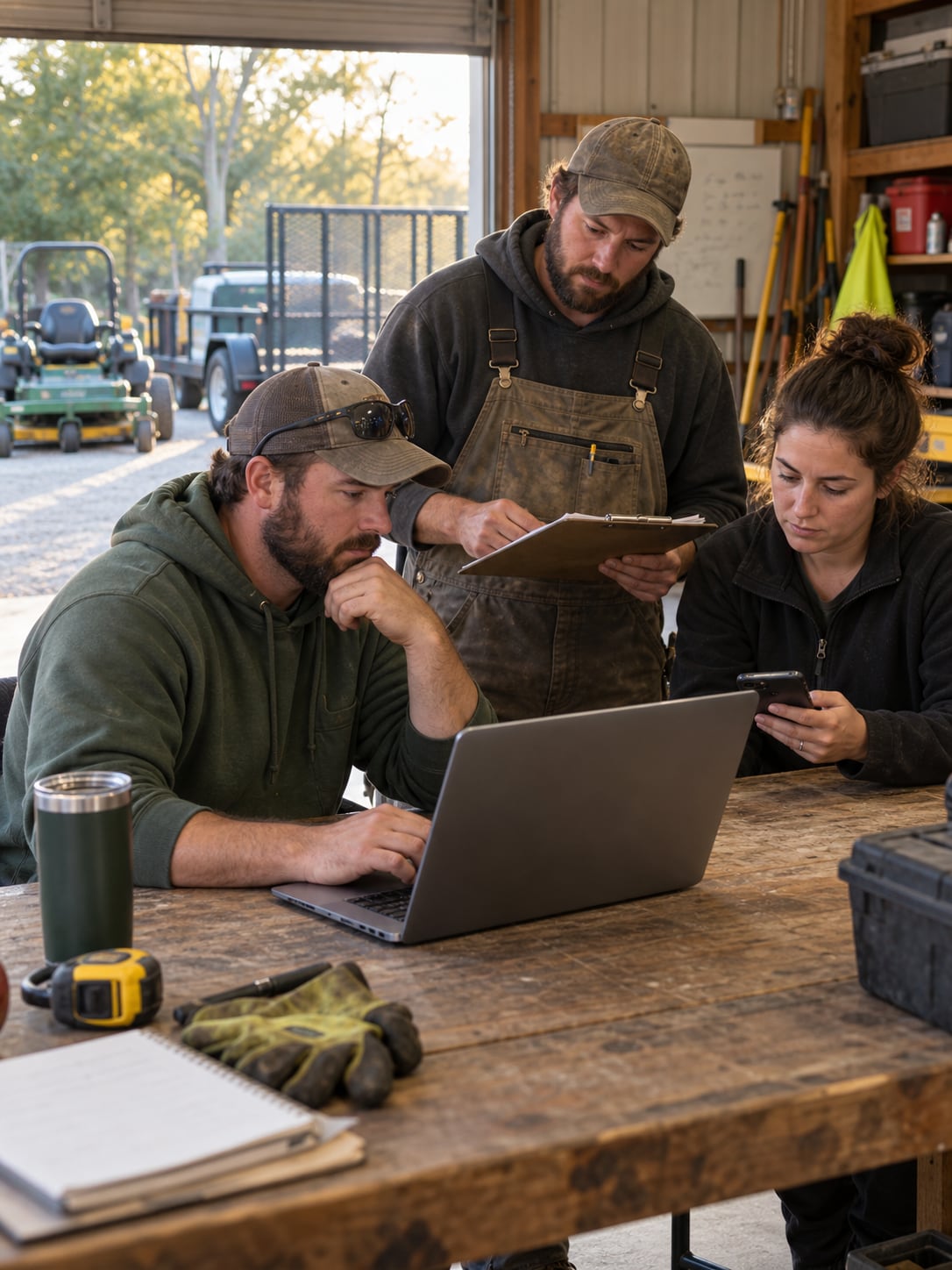 Three lawn and landscape team members reviewing a laptop, phone, and clipboard in their equipment shop.